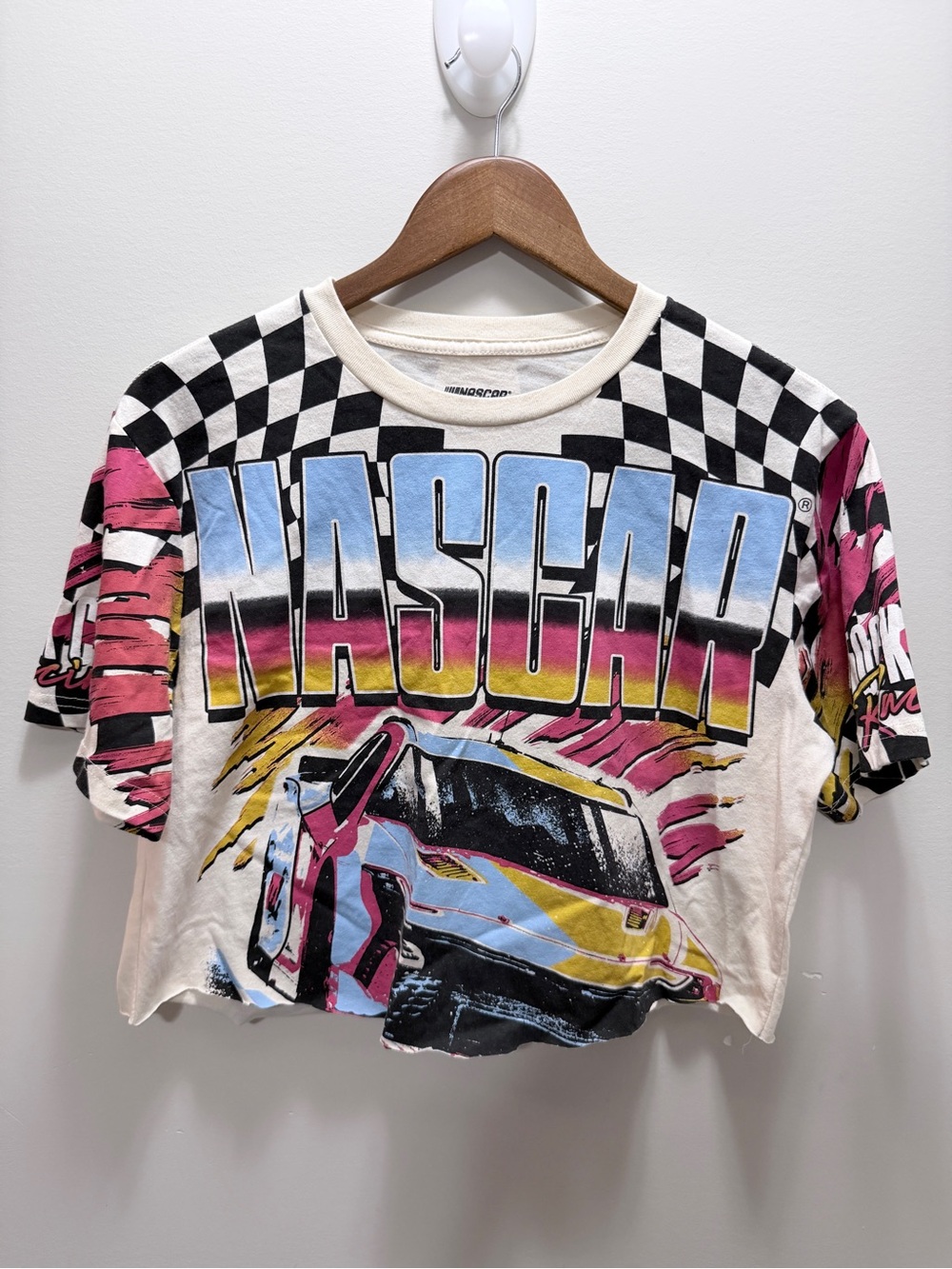 Nascar  Pink Yellow Blue Checkered Crop Tee Size M
